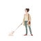 Young woman with brown hair in a beige cardigan and jeans with a small white leash dog. Doggie walking girl. Vector