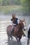 Young woman on a brown horse stays in the lake. Fog, early morning