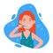 Young woman brushing teeth in a bathroom. Oral hygiene, care of dental health. Vector flat cartoon character