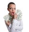 Young woman with bundle of money wipe a mouth
