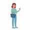 Young woman buyer consumer customer character choosing food products in supermarket holding bottle in hand