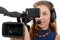 Young woman with a camcorder, on white background