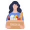 Young woman carries a box of food. Social care, volunteering and charity concept. Flat vector illustration isolated on