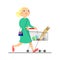 Young woman carries a cart with groceries. Mom walks around the store, buys groceries, food.