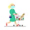 young woman carries a cart with groceries. Mom walks around the store, buys groceries, food.