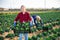 Young woman carrying box with harvested savoy cabbage