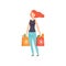 Young woman carrying paper bags with healthy food, girl doing shopping at the grocery shop vector Illustration on a