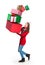 Young woman carrying a pile of collapsing presents