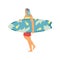 Young woman carrying water surfboard, flat vector illustration isolated.