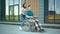 A young woman is carrying a young man in a wheelchair. An assistant carries a disabled person in a wheelchair along the