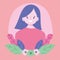 Young woman cartoon character portrait flowers foliage design