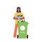 Young woman cartoon volunteer character throwing out glass bottle preparing waste for recycling
