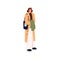 Young woman in casual fashion outfit. Modern person in stylish autumn clothes, wearing coat, pants and tote bag. Female