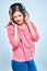 Young woman casual style dressed portrait with headphones