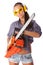 Young woman with a chainsaw