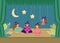 Young woman character school theatre performance flat vector illustration. Children magic little girl casting sorcery