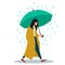 Young woman character walking with umbrella under a rain. Vector illustration on white background in cartoon style