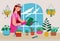 Young woman character watering domestic various plants, comfortable green garden room, homemade herb care flat vector
