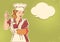 Young woman chef with retro clothes cooking soup. Retro color style illustration background
