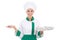 Young woman in chef uniform with metal muffin forms isolated on