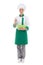 Young woman in chef uniform mixing something in green plastic bo