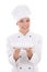 Young woman chef in uniform showing empty plate isolated on whi