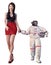 Young woman and chimpanzee in spacesuit isolated on white background