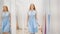 Young woman chooses blue dress near mirror in fitting room at store