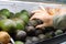 Young Woman Choosing Avocados in Grocery Store. Vegan Zero Waste Girl Buying Fruits and Veggies in Organic Supermarket.