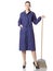A young woman-cleaner stands with a broom in a blue robe.