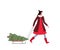 Young woman in a coat goes and carries a Christmas tree for the holiday on a sled. Buying spruce for Christmas