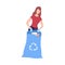 Young Woman Collecting Trash into Plastic Bag, Female Volunteer Picking Garbage Outdoors Vector Illustration