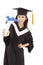 young woman college graduate wearing cap and gown holding diploma