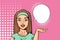 Young woman comic pop art with blank announcement bubble speach vector illustration. Background in comic retro pop art