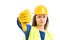 Young woman constructor showing thumb down