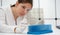 young woman controls the quality of transparent solar panels in a renewable energy laboratory stock photo