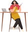 Young woman cooking salad in kitchen room stands near table and watching culinary video blog