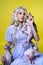 Young woman cosplay elf in blue dress sits on yellow background with three Sphinx kittens