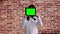 A young woman covers her face with a digital tablet with a green screen. A brunette in a white blouse covers her face