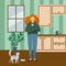 Young woman with cup of coffee stay on kitchen near cat. Routine feed pet and morning coffee concept. Flat vector