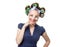 Young woman with curlers