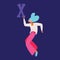 Young woman dancing with english capital letter X. Vector concept illustration