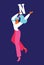 Young woman dancing with flat letter N. English capital alphabet element. Happy character in active pose