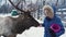 Young woman and deer in the winter forest. Woman feeds deer.