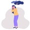 Young woman depressed. Anxiety, fear and stress. Woman holds her head under clouds and thunderstorm.Vector flat