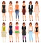 Young woman in different clothes and with different hair. Vector illustration