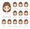 Young woman with different facial expressions. Flat cartoon girl with various emotions isolated on white background.