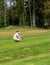 Young woman diligently collecting golf balls at the driving range