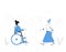 Young woman with disabilities meeting with her friend. Female character in wheelchair talking with adult womwn. Adult persons