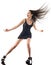 Young woman disco dancer dancing isolated white background happy fun